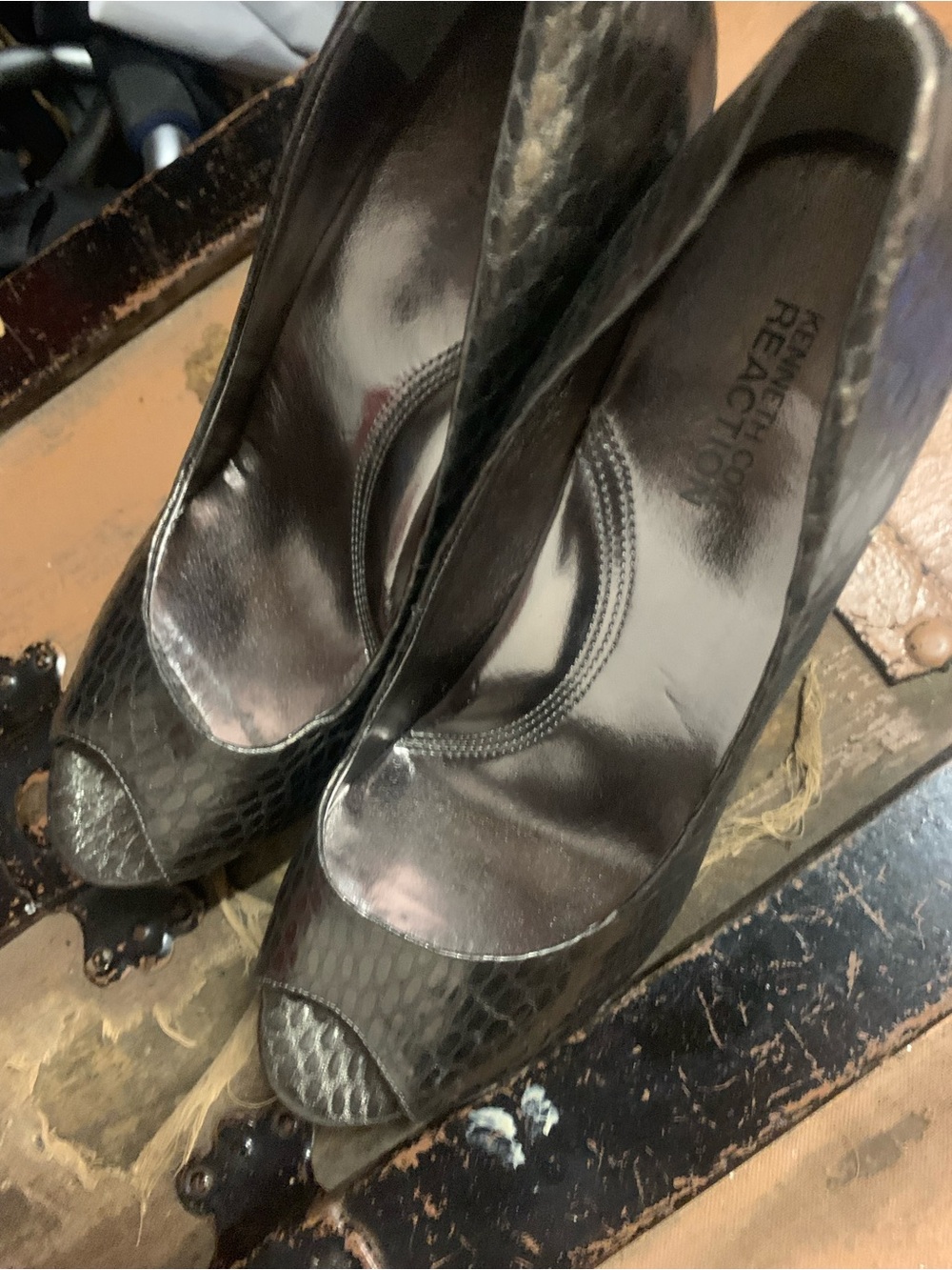 Kenneth Cole Reaction Black Snakeskin Peep-Toe Heels